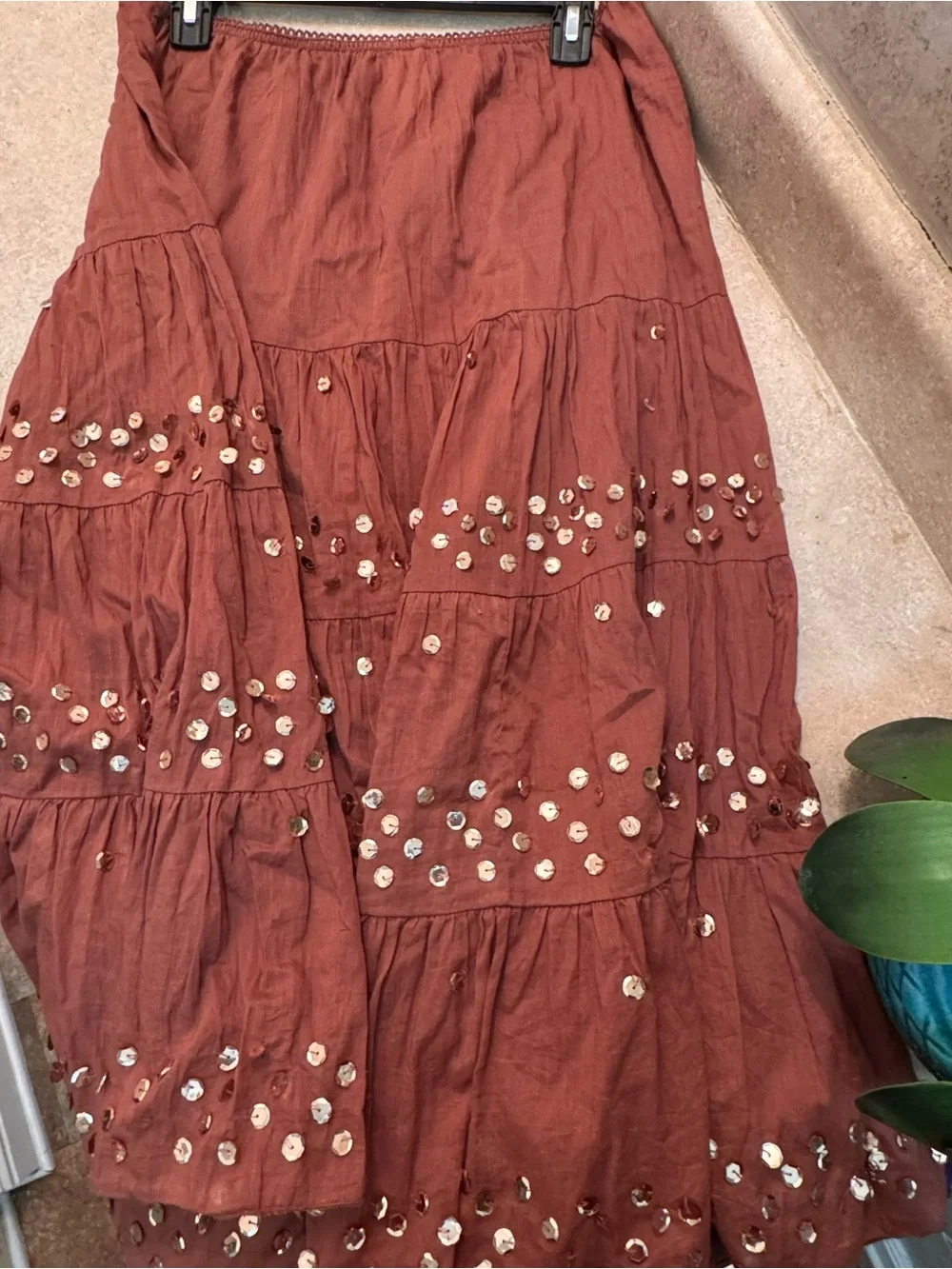 Boho Sequin Tiered Maxi Skirt in Rust